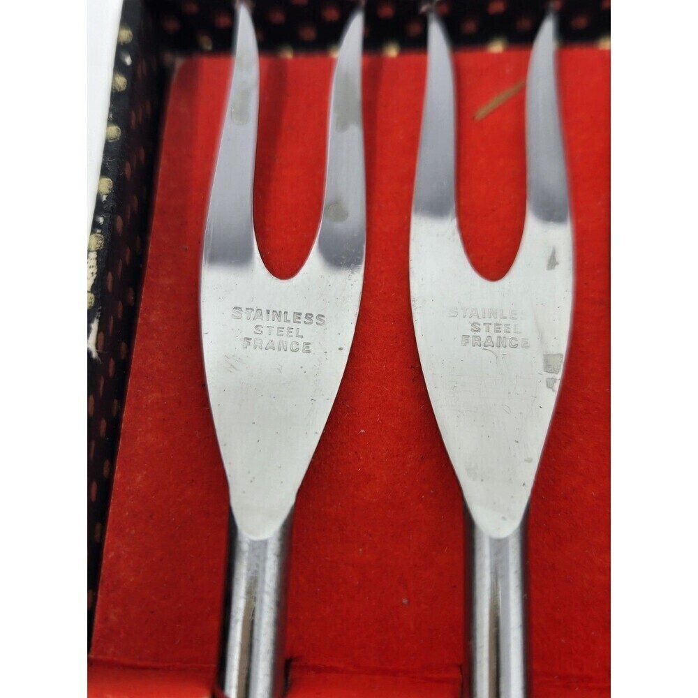 VINTAGE STAINLESS STEEL BLACK HANDLE FONDUE FORKS SET OF 6 WITH BOX FRANCE MCM - Picture 2 of 16